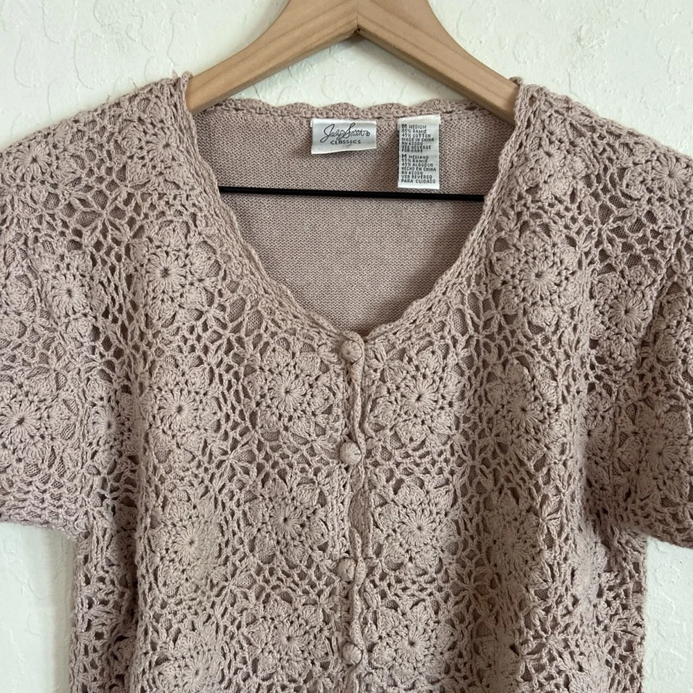 Vintage 90s Jaclyn Smith Short Sleeve Floral Crochet Knit Cardigan Medium Brown
